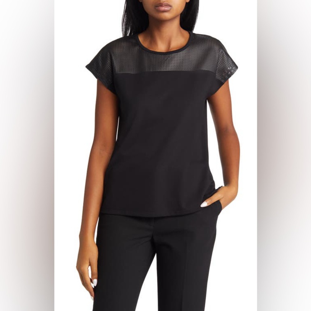 New Anne Klein Black Faux Leather Perforated Top Boxy Cut Dolman Sleeve Size XL